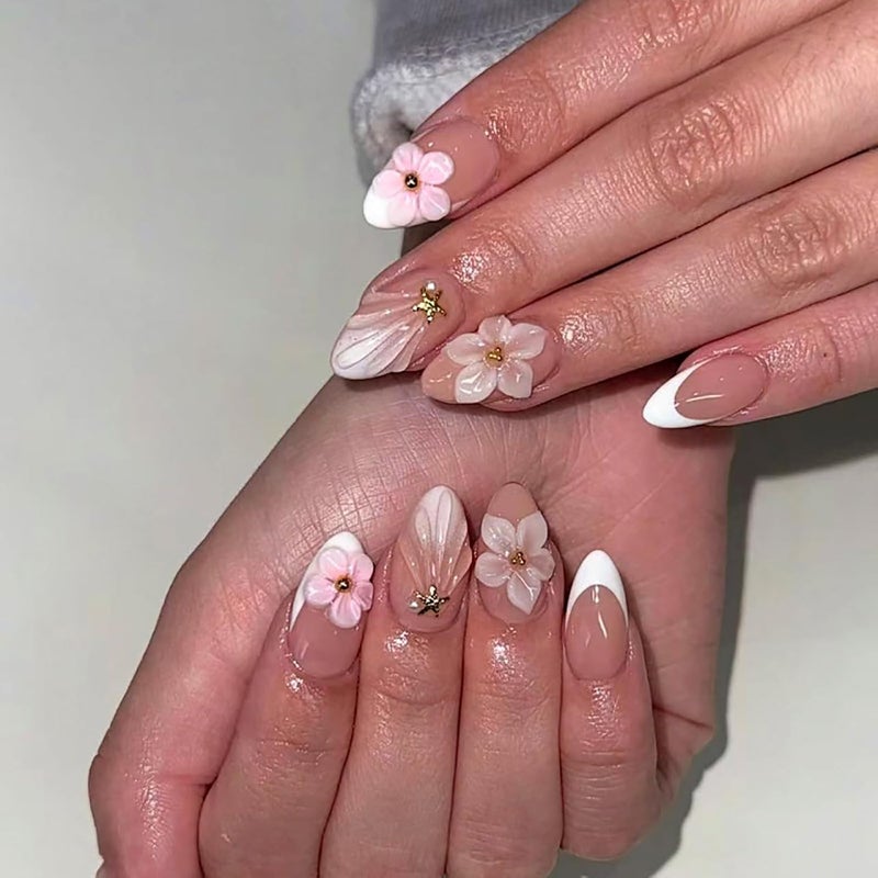 ASABITE 24Pcs Pink Flower Press on Nails Medium Almond Fake Nails with Glue White French Tip False Nails with 3D floral Starfish Pearl Design Cute Almond Nails Press ons Reusable Stick on Nail for Women - Image 1